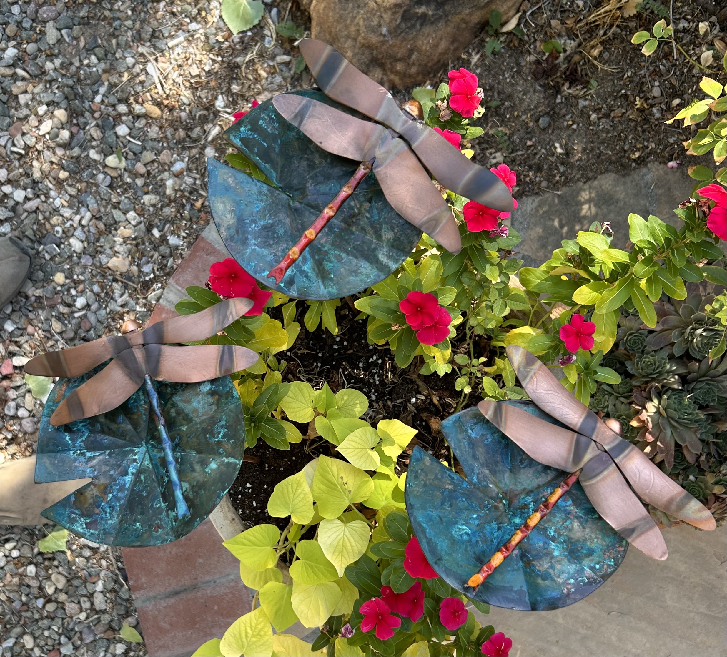 Copper Garden Sticks, Dragonfly on Lily Pad